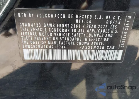 2019 Volkswagen Jetta 1.4T R-Line/1.4T S/1.4T Se from USA, damaged, VIN 3VWC57BU2KM216744